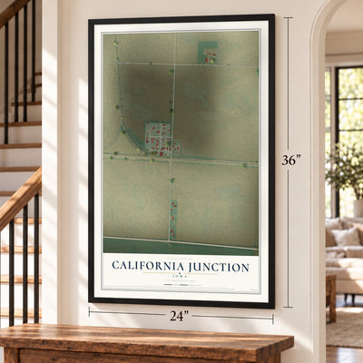 California Junction, Iowa map, 24 x 36 inch print in a black frame by a staircase