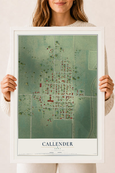 Map of Callender, Iowa, 18 x 24 inch print in a white wood frame
