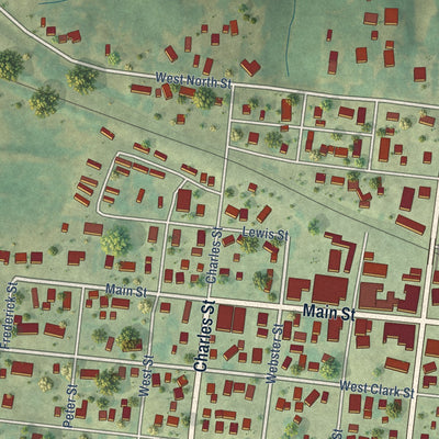 Close-up of the map of Calmar, Iowa print showing street and building detail