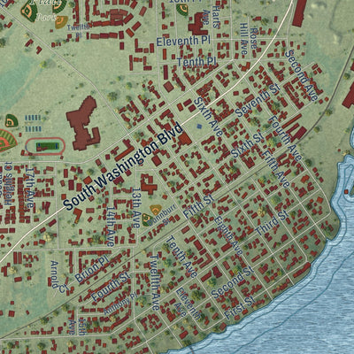 Close-up of the map of Camanche, Iowa print showing street and building detail