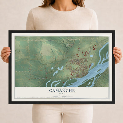 Map of Camanche, Iowa, 12 x 18 inch print in a black wood frame