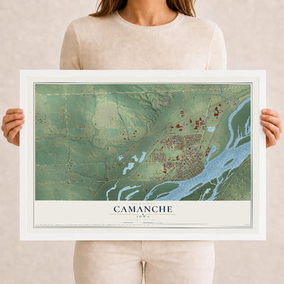 Map of Camanche, Iowa, 12 x 18 inch print in a white wood frame