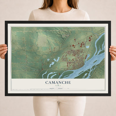 Map of Camanche, Iowa, 18 x 24 inch print in a black wood frame