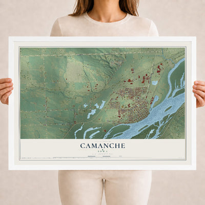 Map of Camanche, Iowa, 18 x 24 inch print in a white wood frame