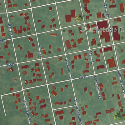 Close-up of the map of Cambridge, Iowa print showing street and building detail