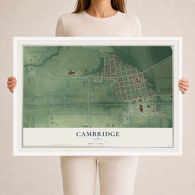Map of Cambridge, Iowa, 24 x 36 inch print in a white wood frame