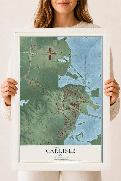 Map of Carlisle, Iowa, 18 x 24 inch print in a white wood frame