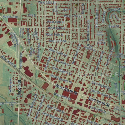 Close-up of the map of Carroll, Iowa print showing street and building detail