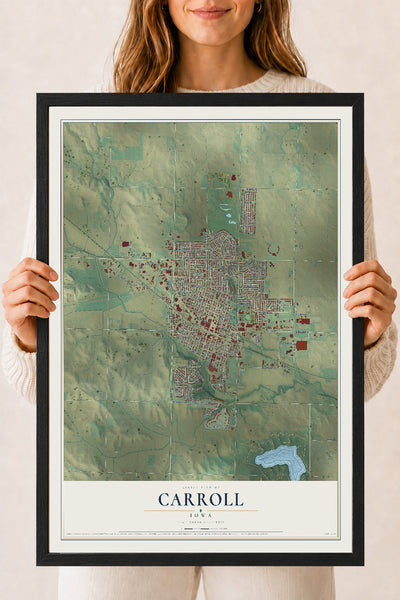 Map of Carroll, Iowa, 18 x 24 inch print in a black wood frame
