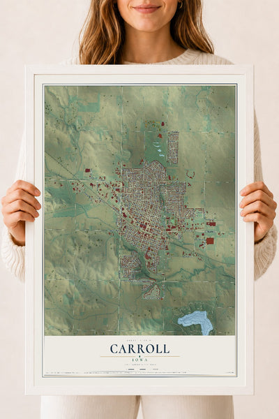 Map of Carroll, Iowa, 18 x 24 inch print in a white wood frame