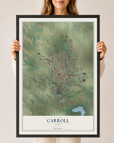 Map of Carroll, Iowa, 24 x 36 inch print in a black wood frame
