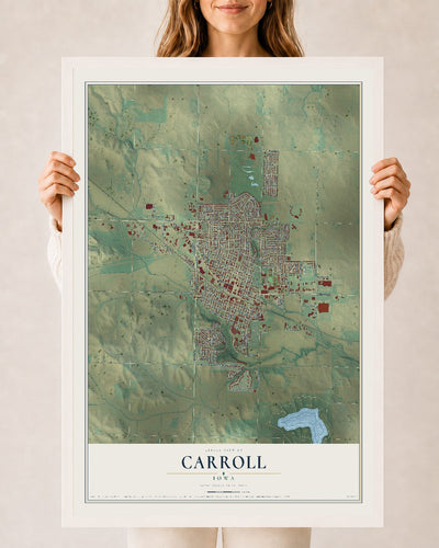Map of Carroll, Iowa, 24 x 36 inch print in a white wood frame