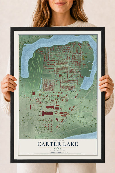 Map of Carter Lake, Iowa, 18 x 24 inch print in a black wood frame