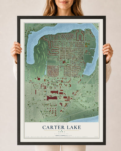 Map of Carter Lake, Iowa, 24 x 36 inch print in a black wood frame