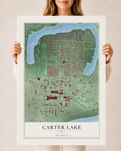 Map of Carter Lake, Iowa, 24 x 36 inch print in a white wood frame