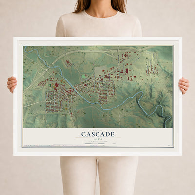 Map of Cascade, Iowa, 24 x 36 inch print in a white wood frame