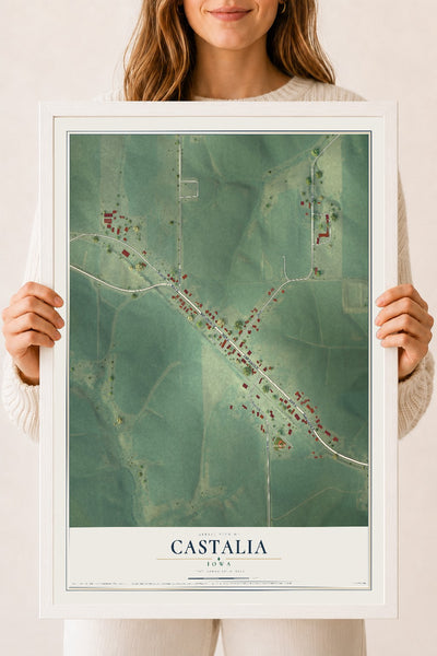 Map of Castalia, Iowa, 18 x 24 inch print in a white wood frame
