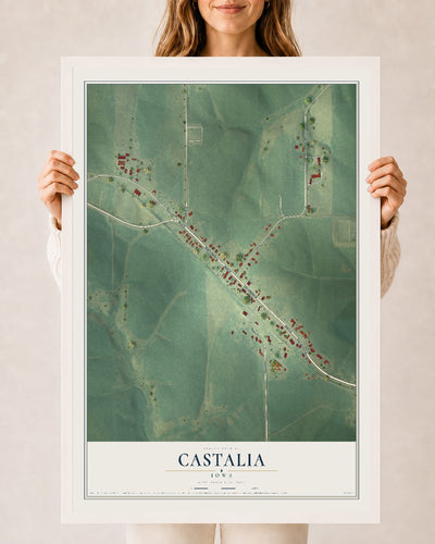 Map of Castalia, Iowa, 24 x 36 inch print in a white wood frame