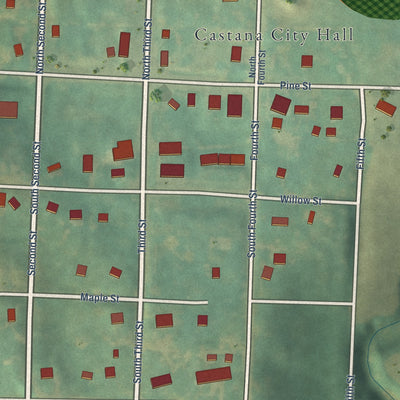 Close-up of the map of Castana, Iowa print showing street and building detail