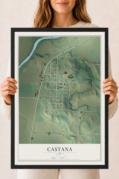 Map of Castana, Iowa, 18 x 24 inch print in a black wood frame