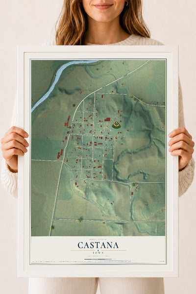 Map of Castana, Iowa, 18 x 24 inch print in a white wood frame