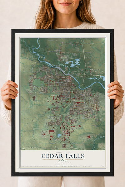 Map of Cedar Falls, Iowa, 18 x 24 inch print in a black wood frame