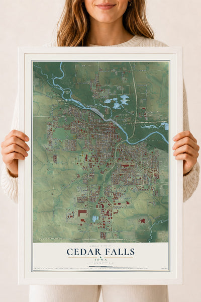 Map of Cedar Falls, Iowa, 18 x 24 inch print in a white wood frame