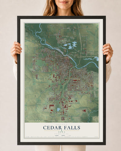 Map of Cedar Falls, Iowa, 24 x 36 inch print in a black wood frame