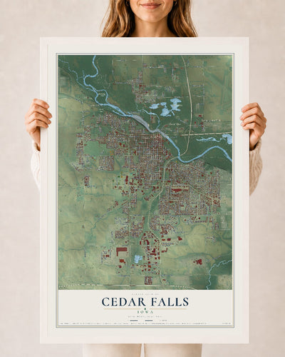 Map of Cedar Falls, Iowa, 24 x 36 inch print in a white wood frame