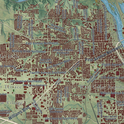 Close-up of the map of Cedar Rapids, Iowa print showing street and building detail
