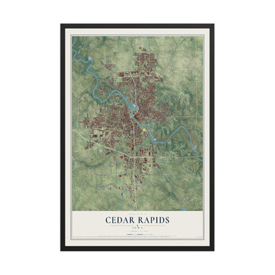 Map of Cedar Rapids, Iowa, 12 x 18 inch print in a black wood frame