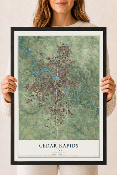 Map of Cedar Rapids, Iowa, 18 x 24 inch print in a black wood frame