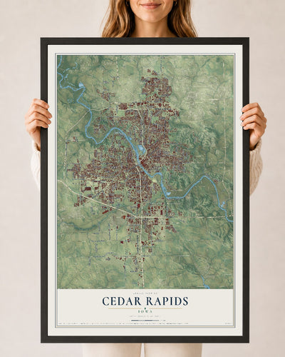 Map of Cedar Rapids, Iowa, 24 x 36 inch print in a black wood frame
