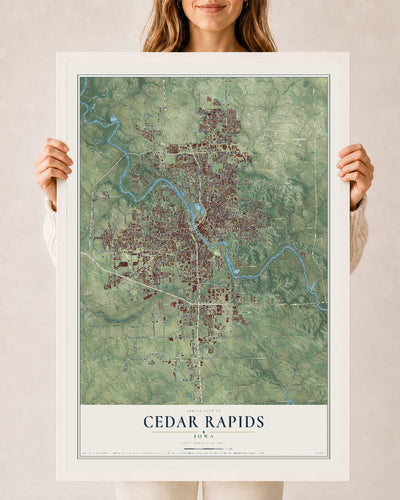 Map of Cedar Rapids, Iowa, 24 x 36 inch print in a white wood frame