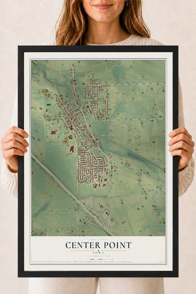 Map of Center Point, Iowa, 18 x 24 inch print in a black wood frame