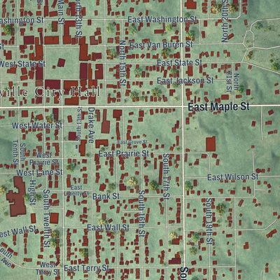 Close-up of the map of Centerville, Iowa print showing street and building detail
