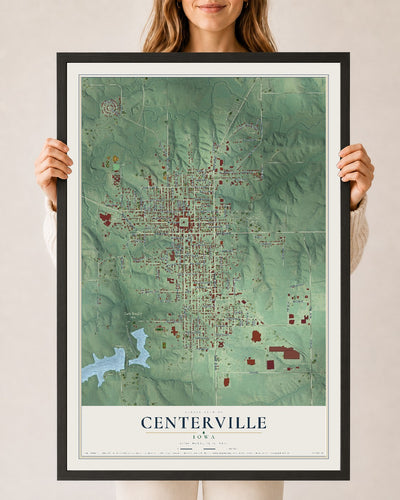 Map of Centerville, Iowa, 24 x 36 inch print in a black wood frame