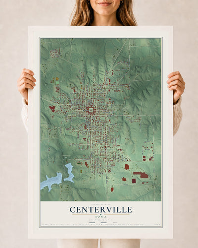 Map of Centerville, Iowa, 24 x 36 inch print in a white wood frame