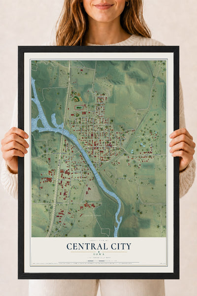 Map of Central City, Iowa, 18 x 24 inch print in a black wood frame