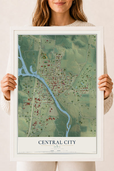 Map of Central City, Iowa, 18 x 24 inch print in a white wood frame
