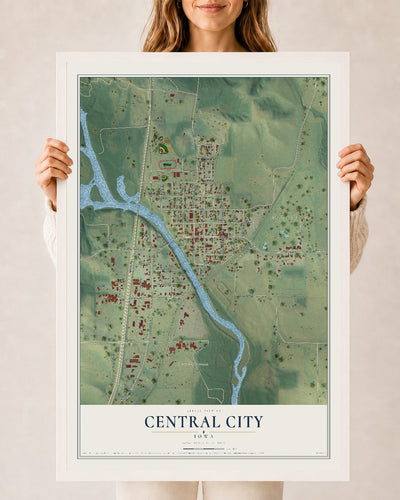 Map of Central City, Iowa, 24 x 36 inch print in a white wood frame