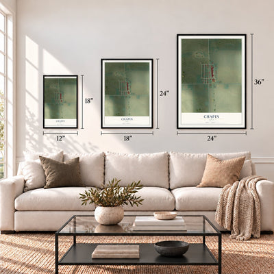 Chapin, Iowa map in 12 x 18, 18 x 24 and 24 x 36 inch sizes above a sofa