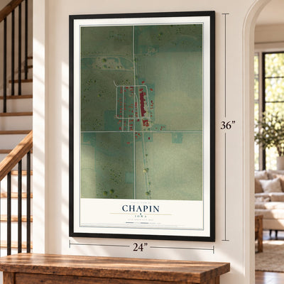 Chapin, Iowa map, 24 x 36 inch print in a black frame by a staircase