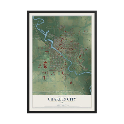 Map of Charles City, Iowa, 12 x 18 inch print in a black wood frame