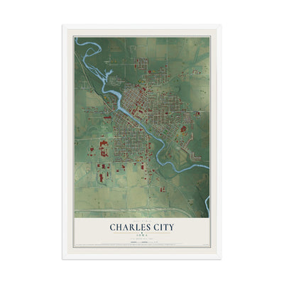 Map of Charles City, Iowa, 12 x 18 inch print in a white wood frame