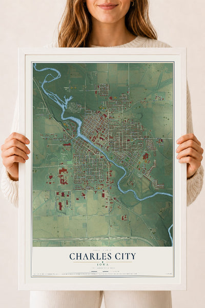 Map of Charles City, Iowa, 18 x 24 inch print in a white wood frame