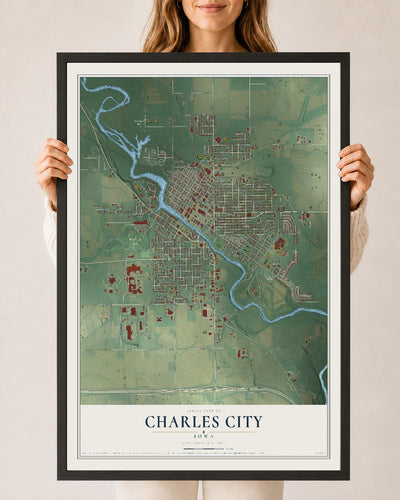 Map of Charles City, Iowa, 24 x 36 inch print in a black wood frame