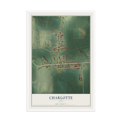 Map of Charlotte, Iowa, 12 x 18 inch print in a white wood frame
