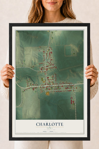 Map of Charlotte, Iowa, 18 x 24 inch print in a black wood frame