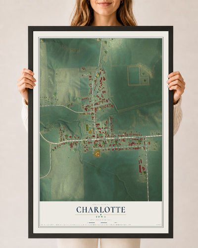 Map of Charlotte, Iowa, 24 x 36 inch print in a black wood frame